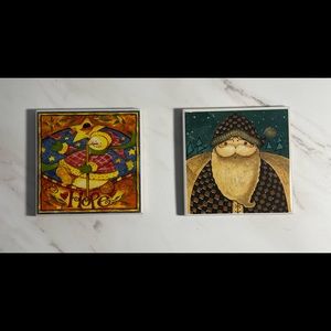 2 Vintage Darice Ceramic Tile Trivet Christmas Santa & Hope Snowman 4” Cork Back